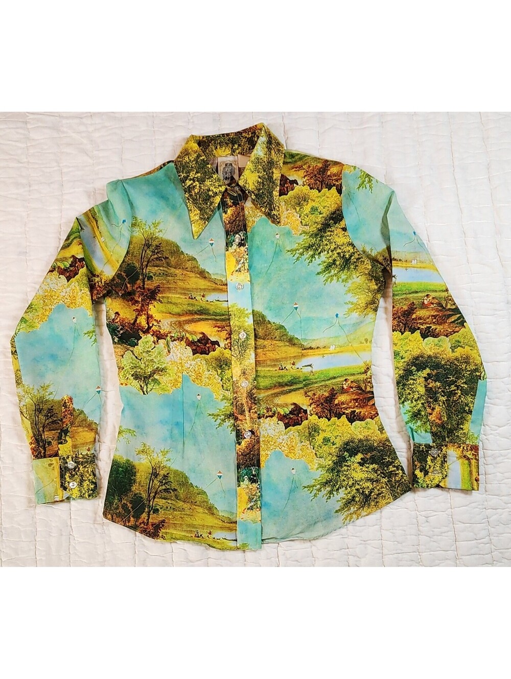 VTG Kennington Ltd 70's Scenic River/Flying Kites Print Shirt Mens Small